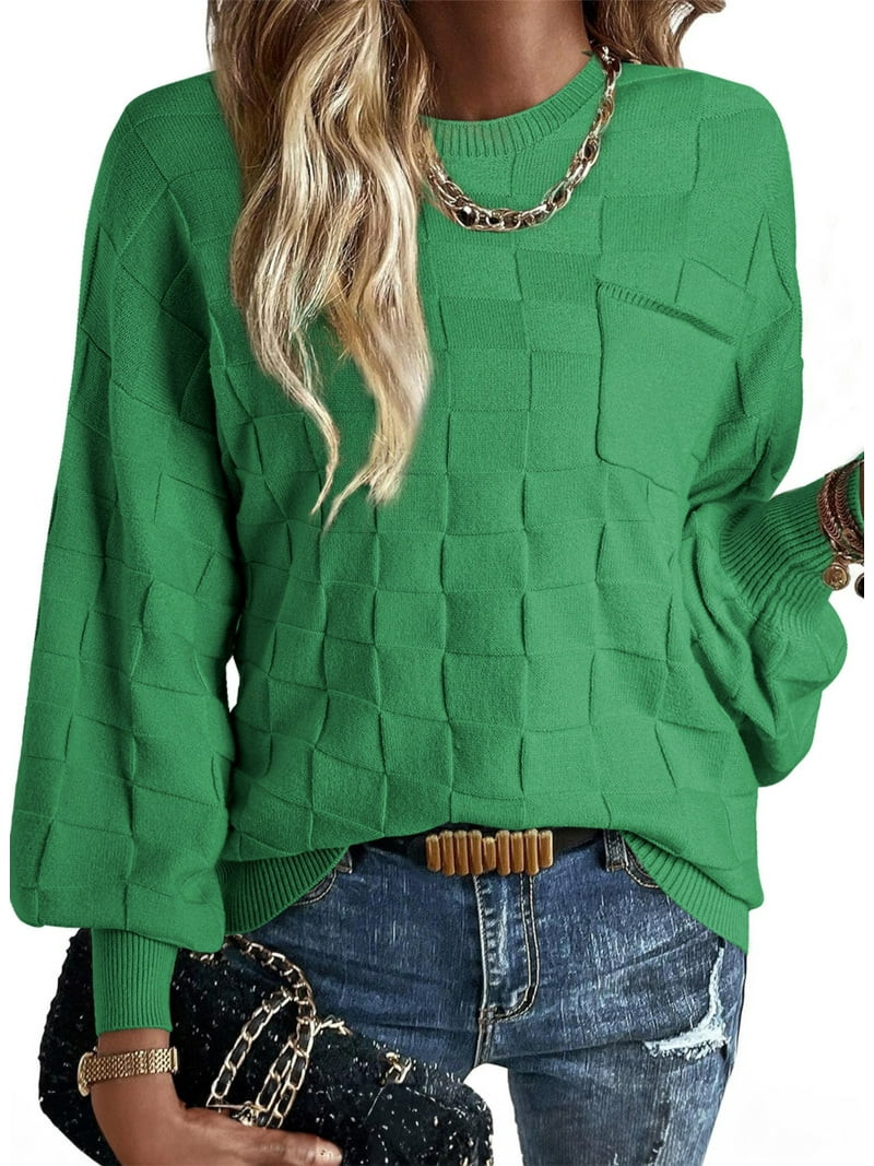 Eytino Sweater for Women Casual Crewneck Long Sleeve Sweaters Checkered Knit Pullover Tops Fall S... | Walmart (US)