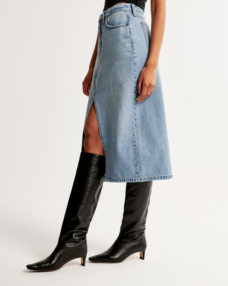 Women's Denim Midi Skirt | Women's New Arrivals | Abercrombie.com | Abercrombie & Fitch (US)