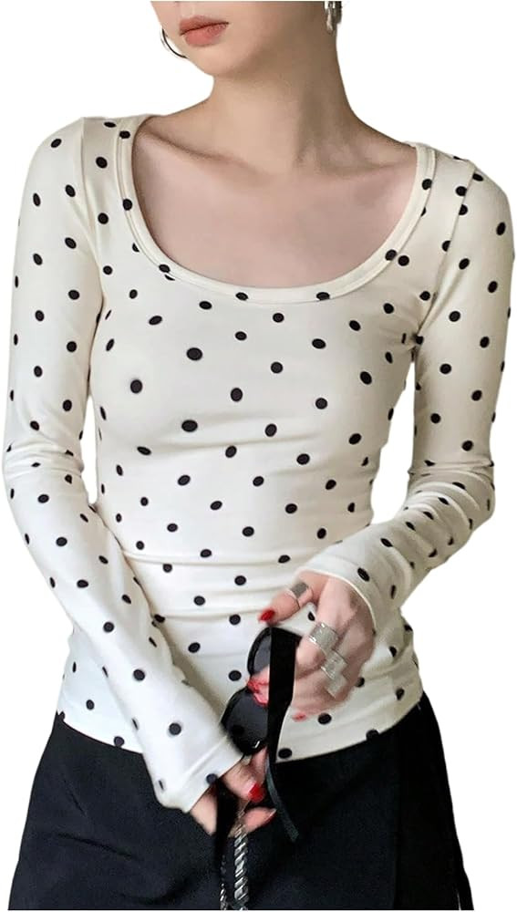 SHENHE Women's Long Sleeve Square Neck Top Polka Dots Slim Fitted Basic Tee Shirt | Amazon (US)