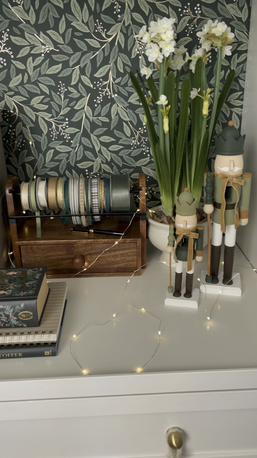 Here’s where I ended up putting my nutcrackers once I finished painting them. And it was a perfect spot for my ribbon holder too! 