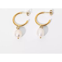 Pearl Drop Hoop Earrings - 18K Gold Plated, Freshwater Pearl, Slim Hoop Earrings | Etsy (US)