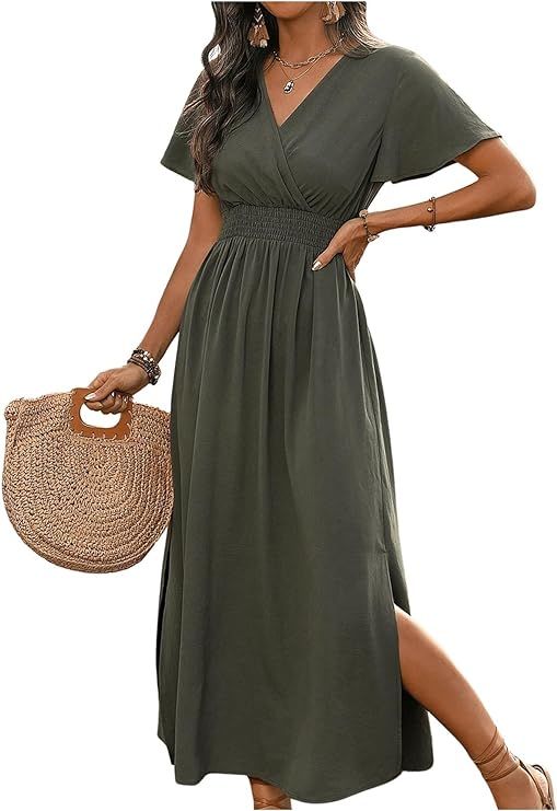 SOLY HUX Women's Short Sleeve V Neck Wrap Shirred Split Hem A Line Dress Summer Long Dresses | Amazon (US)