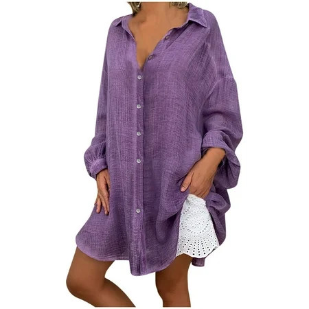 CYMMPU Womens Casual Lightweight Blouses Tunic Shirts Cotton and Linen Button Down Tops Collared Lon | Walmart (US)
