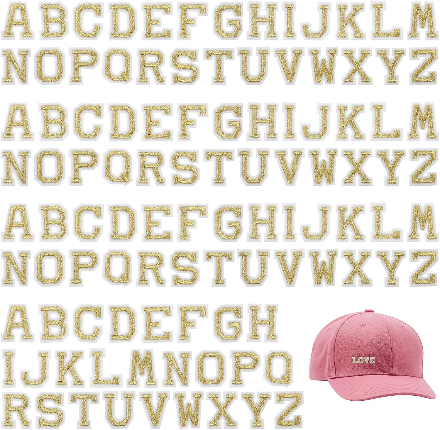 104pcs Iron on Letter Patches, A-Z 0.7 Inch Embroidered Alphabet Fabric Letters, Letter Iron on Patches for Clothing Jackets Backpacks Hats Jeans(Gold) | Amazon (US)