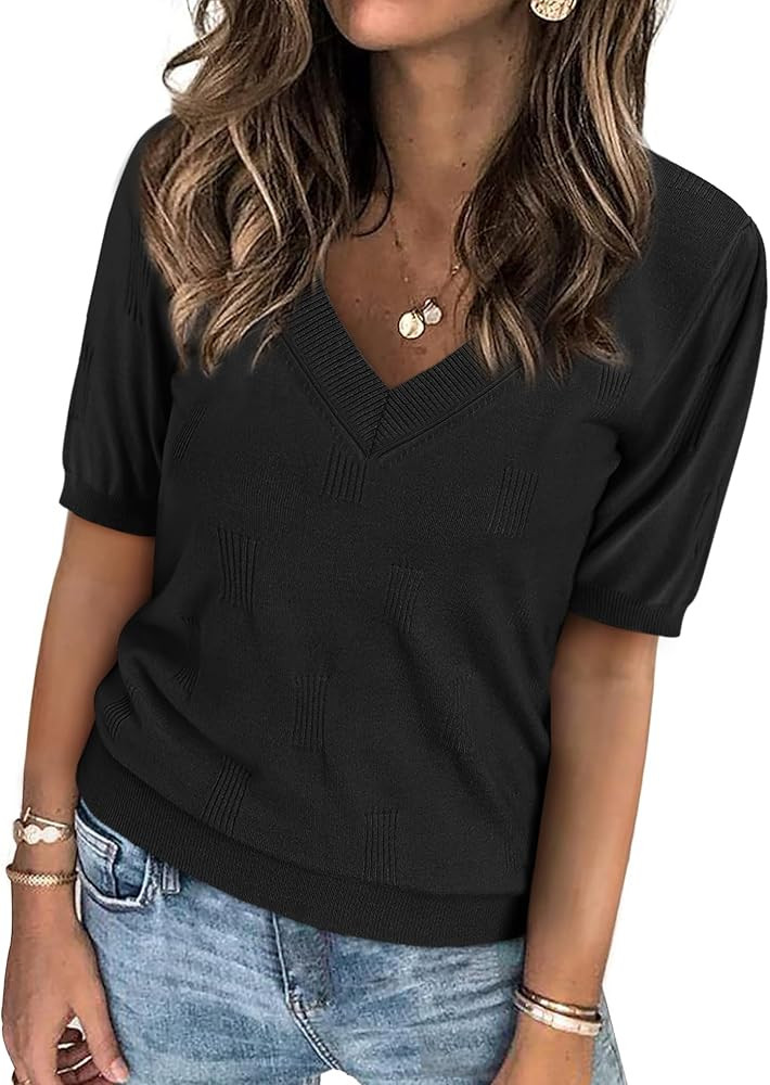 ATHMILE Short Sleeve V Neck Sweaters Dressy Casual Blouses Lightweight Thin Knit Fashion Shirts S... | Amazon (US)