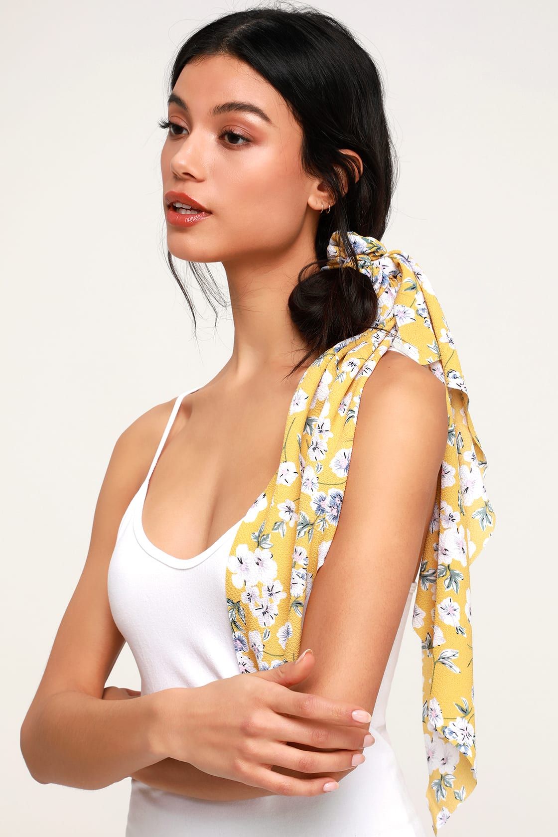 Breezy Blooms Mustard Yellow Floral Print Scarf Ponytail Holder | Lulus (US)
