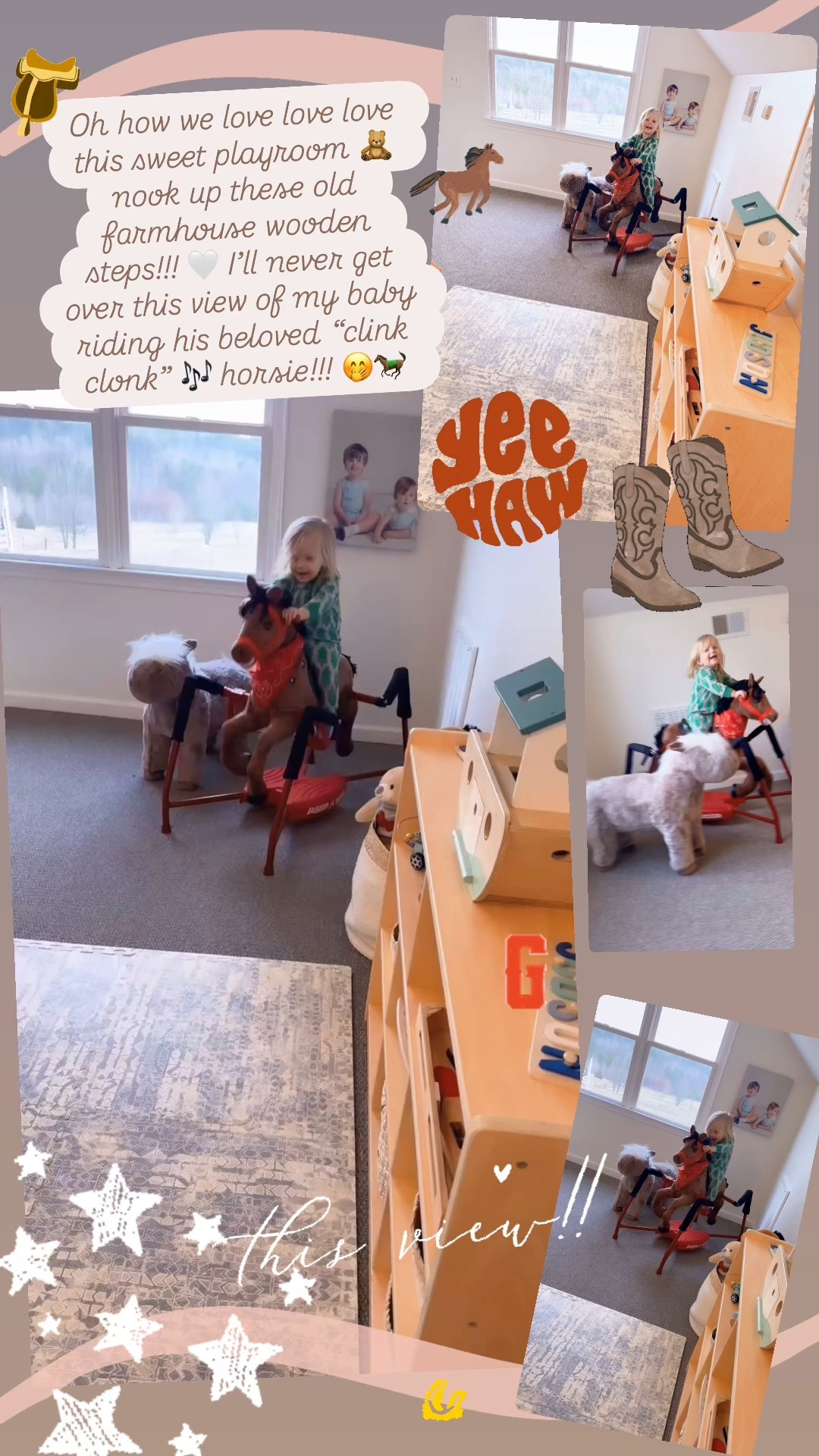 Oh how we love love love this sweet playroom 🧸 nook up these old farmhouse wooden steps!!! 🤍 I’ll never get over this view of my baby riding his beloved “clink clonk” 🎶 horsie!!! 🤭🐎 
