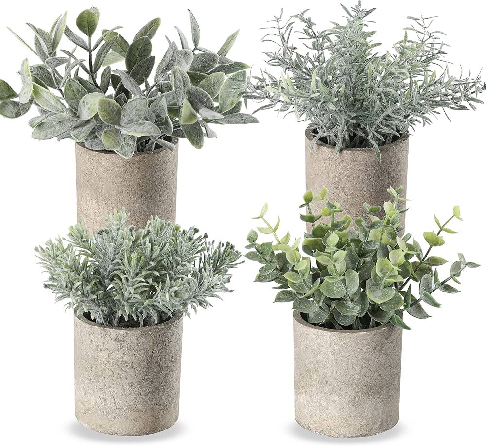 Miracliy Mini Potted Fake Plants Faux Artificial Eucalyptus Boxwood Rosemary Greenery in Gray Pot... | Amazon (US)