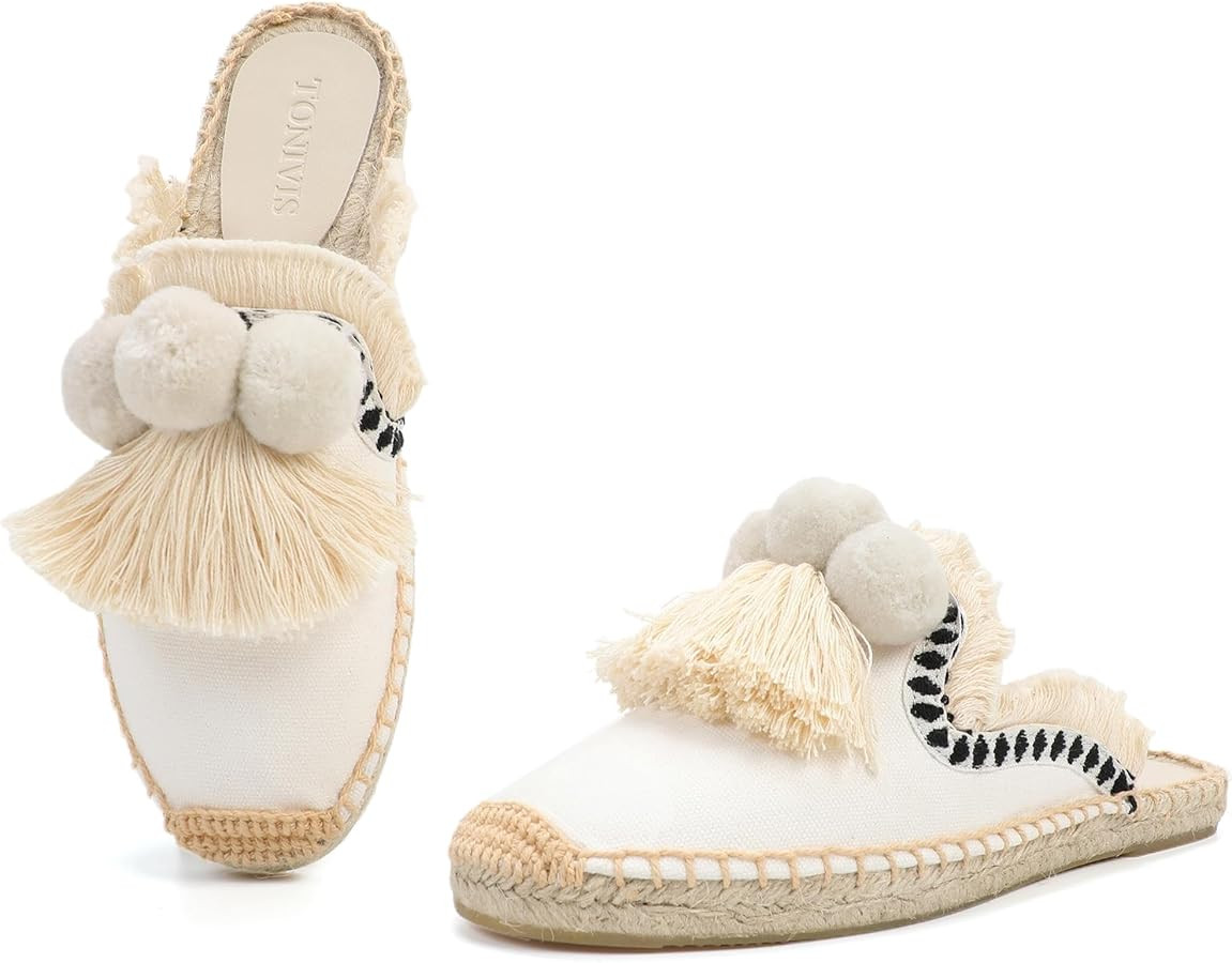 Women's Mule Flat Shoes with Tassel & Pompom, Espadrilles Slides Backless Slipper Slip on Shoes | Amazon (US)
