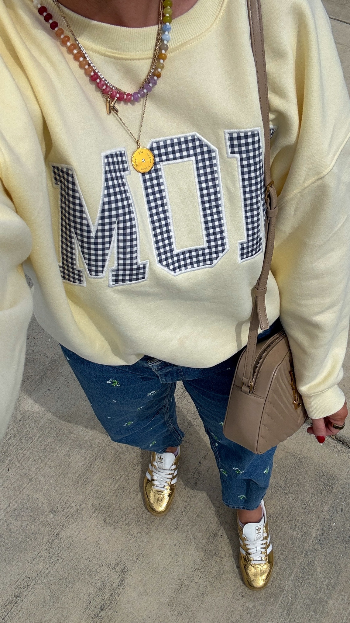 Outfit of the day, ootd, mom sweatshirt, floral jeans, gold adidas 

#LTKootd #LTKgrwm #LTKdayinmylife