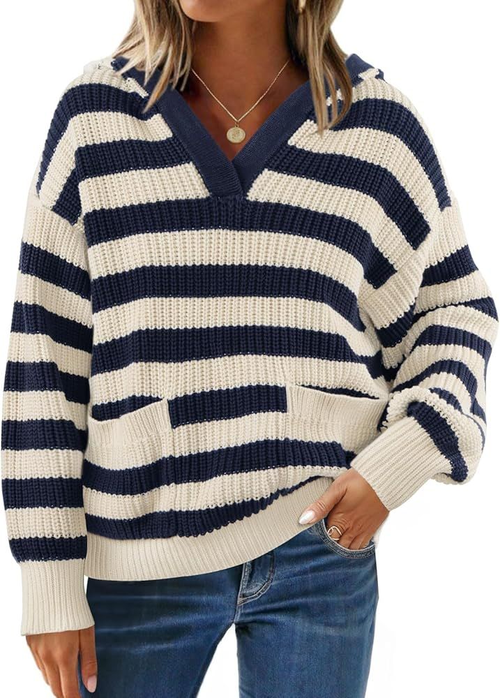 ZESICA Women's Fall Striped Sweaters 2024 V Neck Ribbed Knit Casual Oversized Pullover Hoodies To... | Amazon (US)