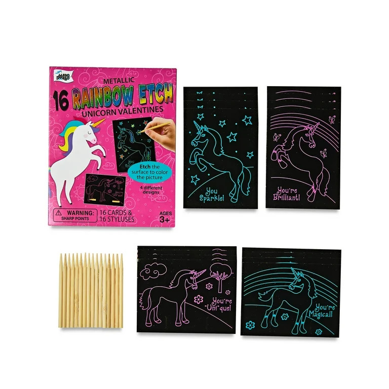 Mello Smello Valentine's Day Metallic Rainbow Etch Unicorn Valentines Kiddie Cards, 16 Count | Walmart (US)