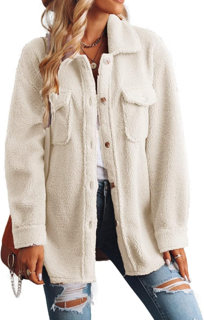 Women's Fall & Winter Fuzzy Sherpa Fleece Button-Down Shacket Shirt Jacket Loose Boyfriend Loose ... | Amazon (CA)