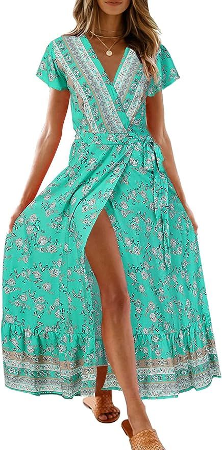 ZESICA Women's Bohemian Floral Printed Wrap V Neck Short Sleeve Split Beach Party Maxi Dress | Amazon (US)