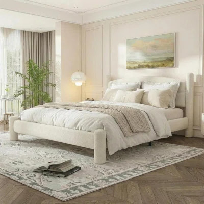 Boucle Upholstered Platform Cloud Bed with Round Headboard & Cylindrical Legs, Heavy Duty Noise-Free, No Box Spring Needed for Bedroom | Wayfair North America