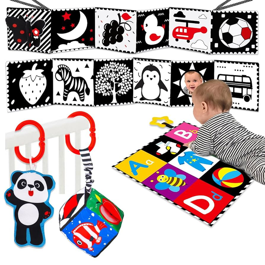 4 PCS Black and White High Contrast Baby Toys 0-3-6 Months Newborn Essential Montessori Toy for B... | Amazon (US)