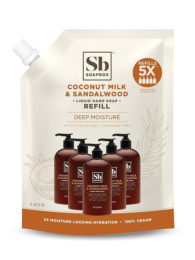 Soapbox Liquid Hand Soap Refill, Coconut Milk & Sandalwood, Vegan, Paraben Free, Moisturizing, Na... | Amazon (US)