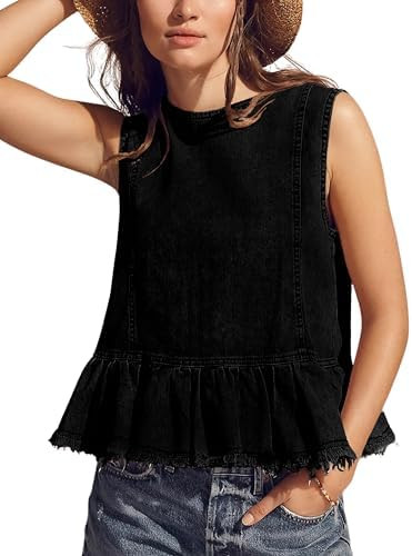 Huaqiao Womens Summer Sleeveless Denim Tops Button Back Crew Neck Jean Vest Cute Swing Ruffle Hem... | Amazon (US)