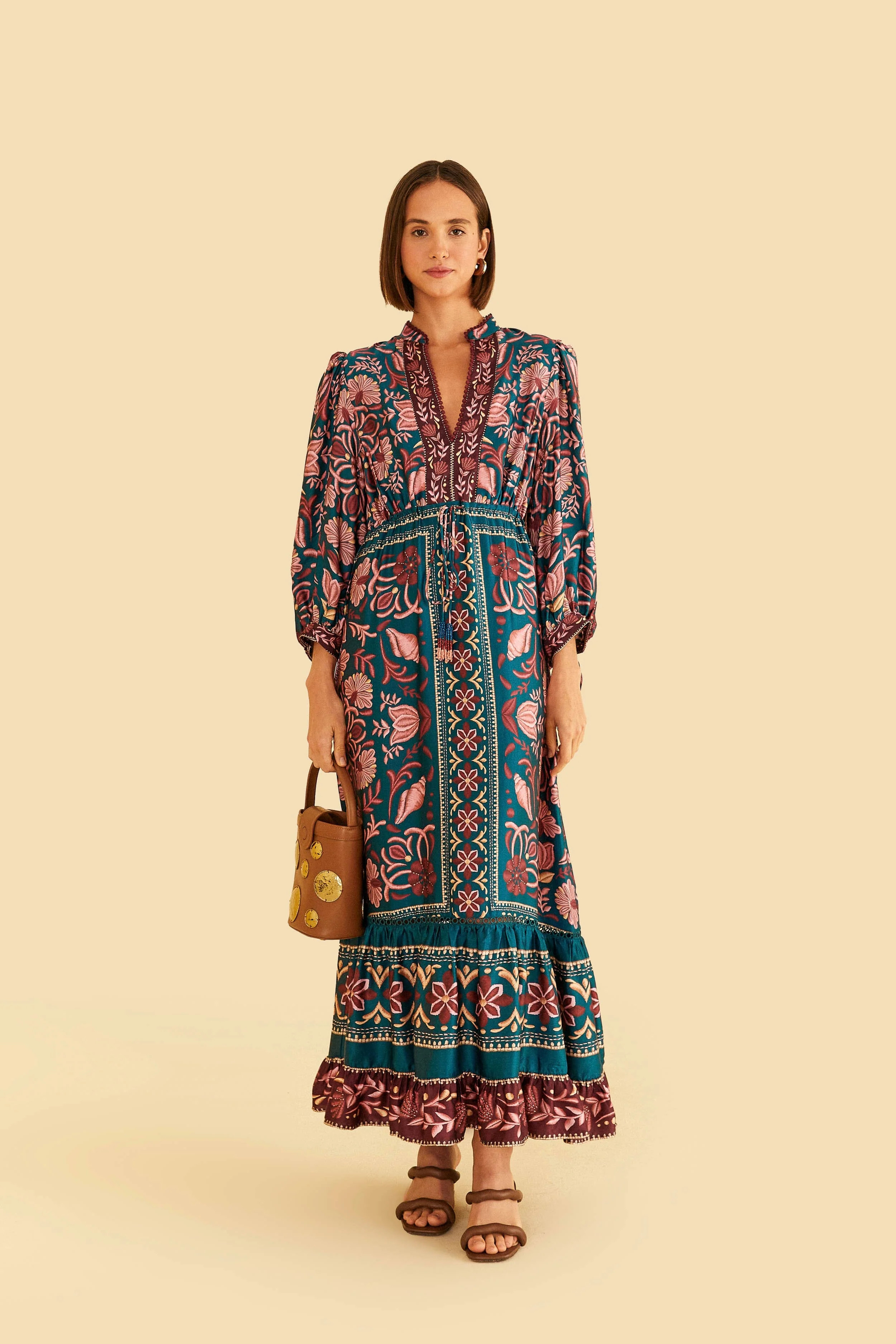 Teal Seashell Tapestry Lenzing™ Ecovero™ Viscose Maxi Dress | FarmRio (US)
