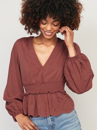 Puff-Sleeve Embroidered Smocked Peplum Blouse for Women | Old Navy (US)
