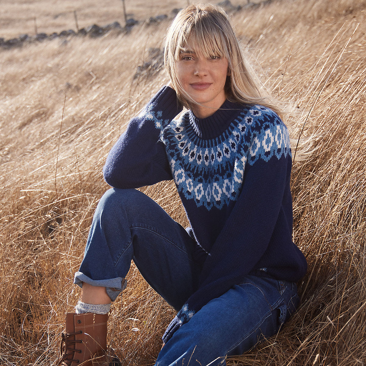 Women's Cozy Lofty Fair Isle Yoke Mock Neck Sweater | Lands' End (US)