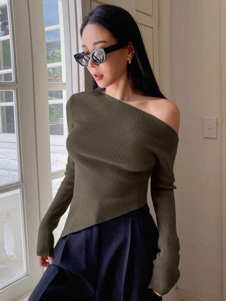 DAZY 1 Peça Suéter Feminino De Cor Sólida, De Manga Longa, Com Ombro Assimétrico Aberto | SHEIN