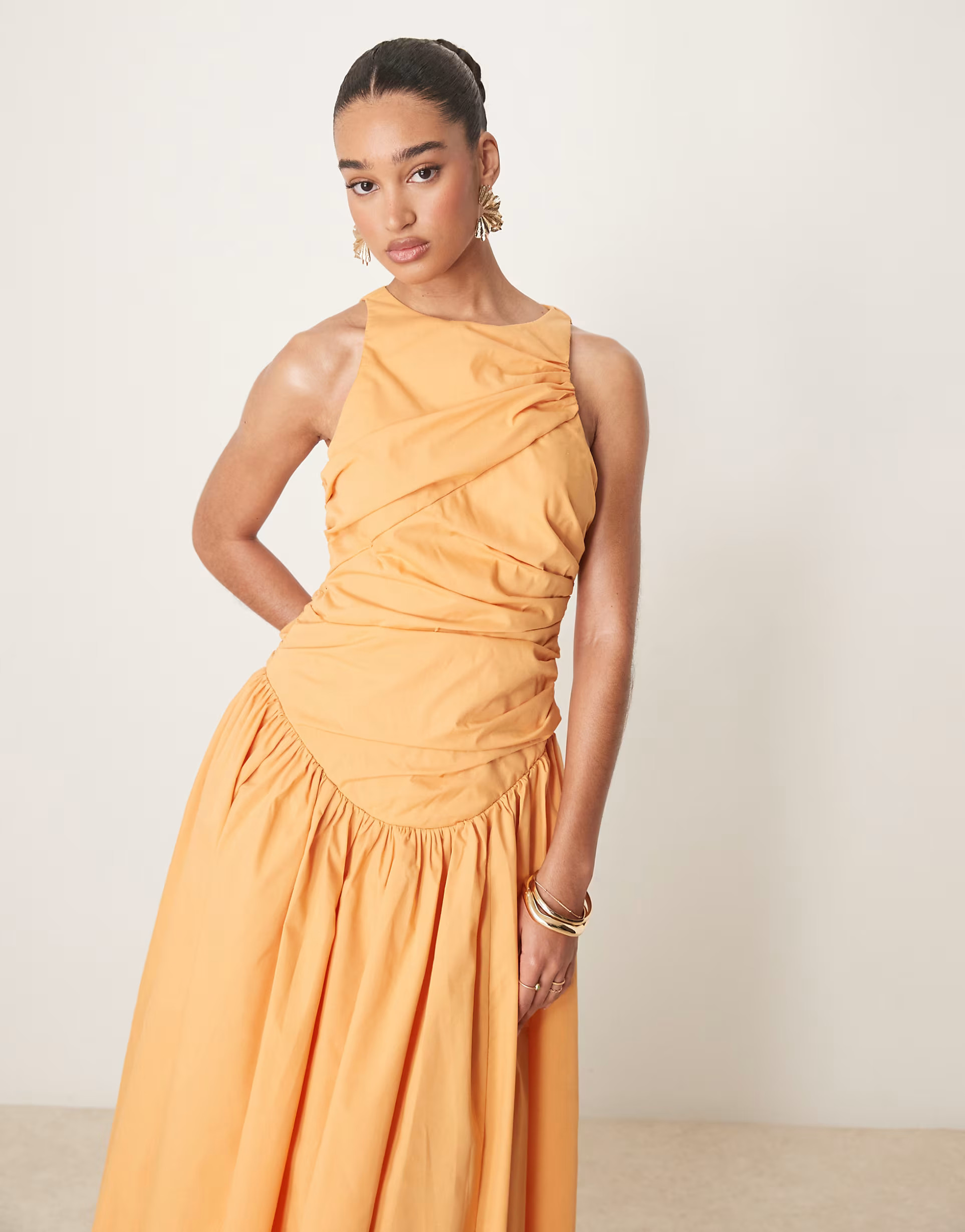 ASOS DESIGN structured ruched full skirt maxi dress in apricot | ASOS (Global)