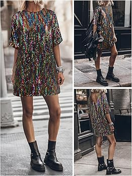 Women's Crew Neck Sequin Dress for Women Sexy V Neck Shirt Dress Sparkly Half Sleeve Loose Party ... | Amazon (US)