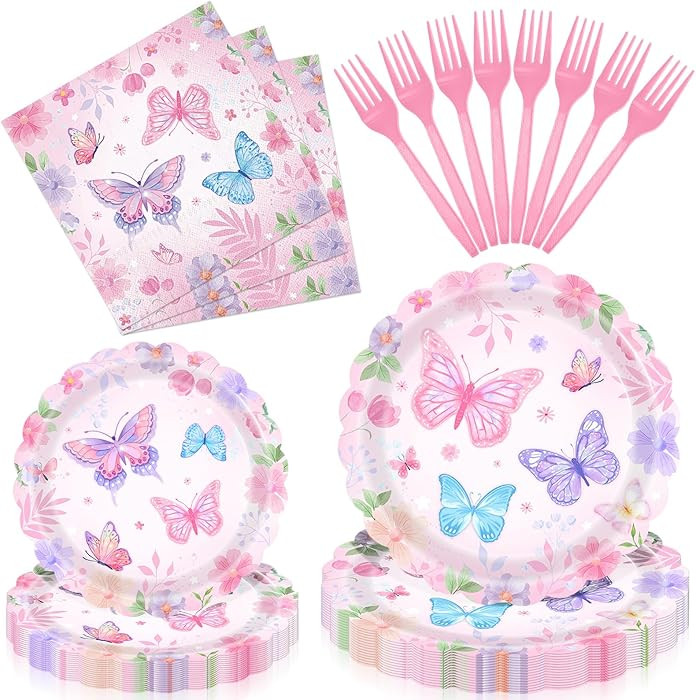 96 Pieces Butterfly Floral Tableware Set \u2013 Scalloped Edge Garden Flower Disposable Plates, N... | Amazon (US)