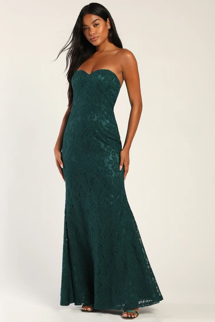 Wow the Crowd Emerald Green Lace Strapless Mermaid Maxi Dress | Lulus (US)