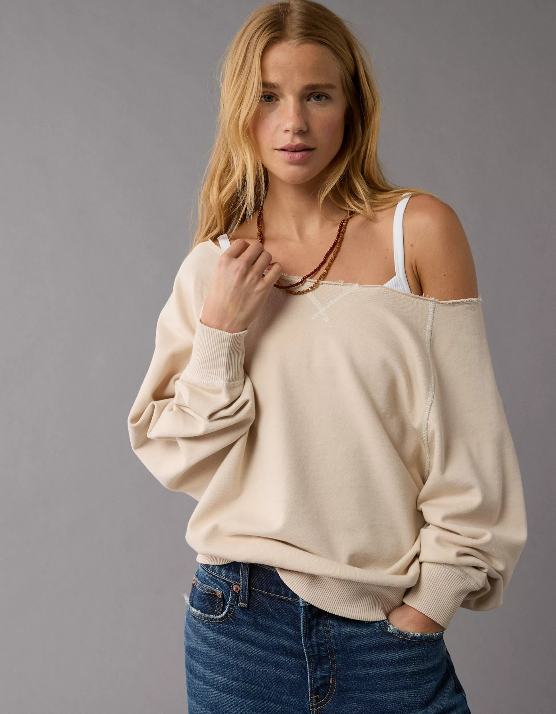 AE Long-Sleeve Off-The-Shoulder Sweatshirt | American Eagle Outfitters (US & CA)