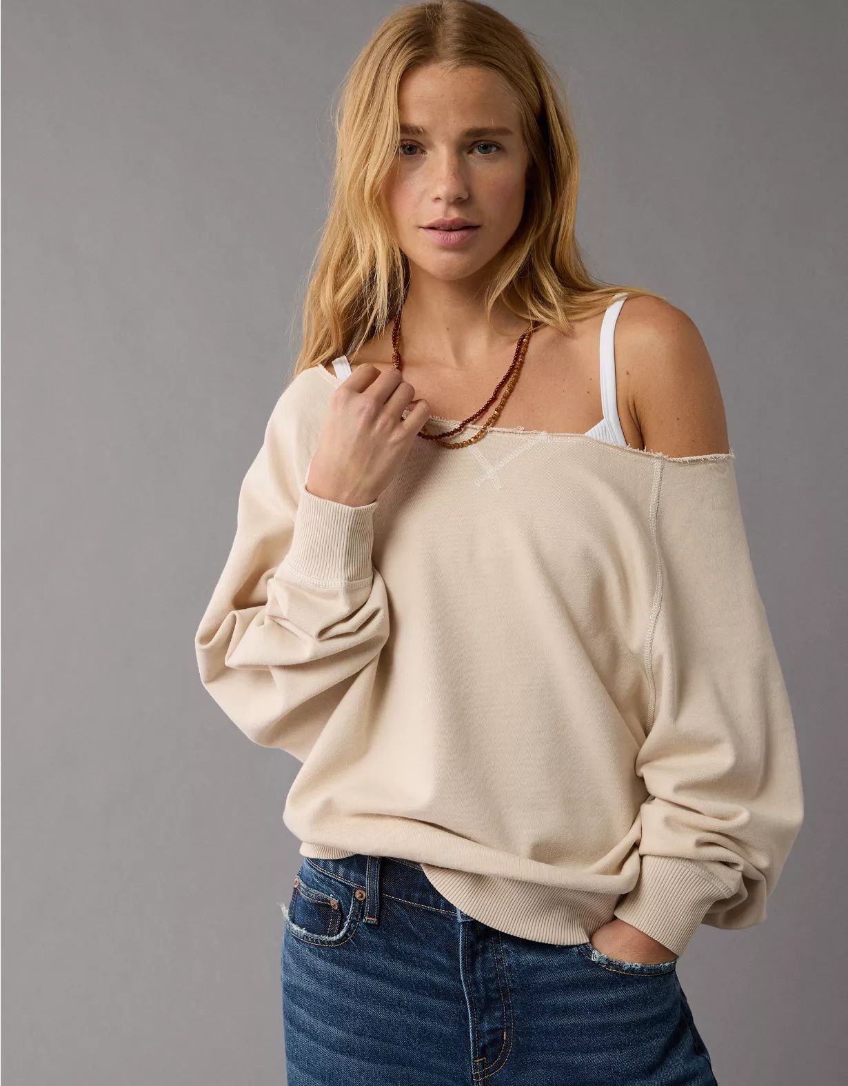 AE Long-Sleeve Off-The-Shoulder Sweatshirt | American Eagle Outfitters (US & CA)