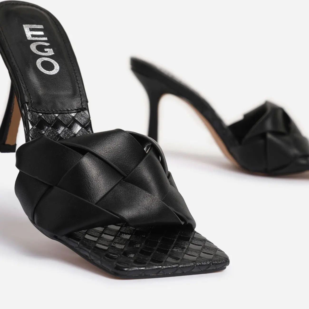 Turntup Woven Square Peep Toe Mule In Black Faux Leather | EGO Shoes (US & Canada)