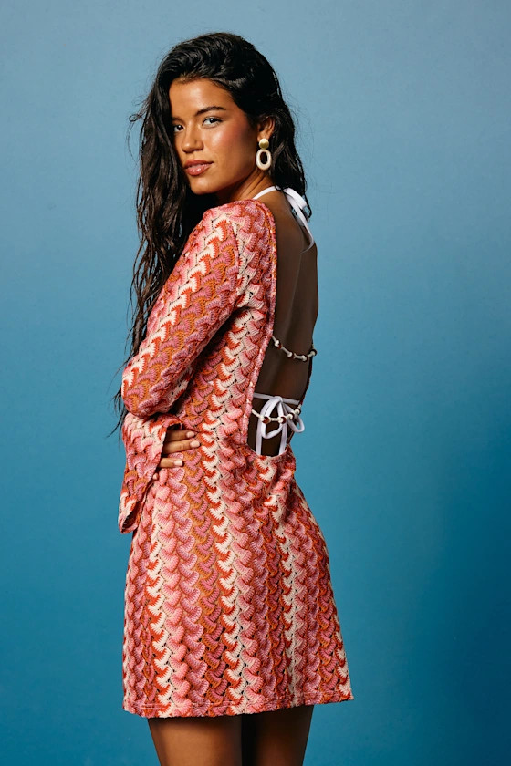 Valestra Pink Striped Crochet Long Sleeve Swim Cover-Up Dress | cover up | cover ups | Lulus