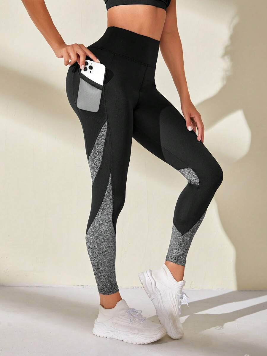 Colorblock Phone Pocket Side Wideband Waist Sports Leggings | SHEIN