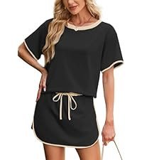 Opemiby Womens 2 Piece Skort Set 2026 Color Block Short Sleeve Top Drawstring Skort Matching Sets... | Amazon (US)