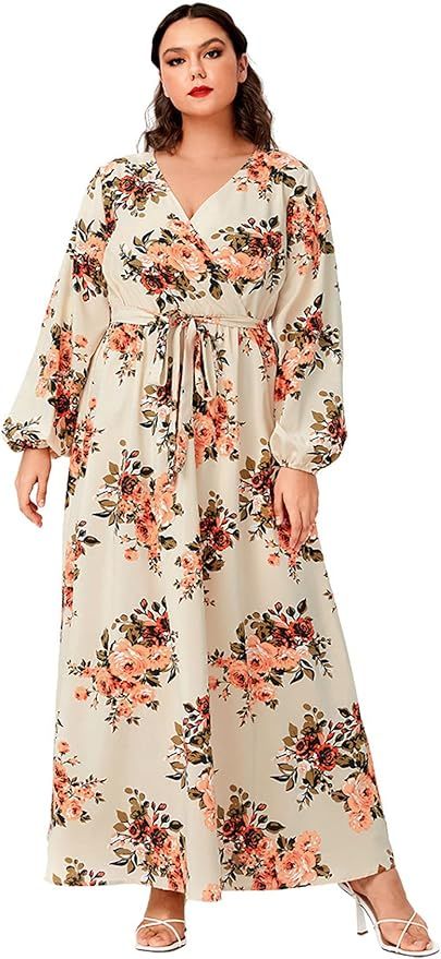 WDIRARA Women's Plus Size Floral Print V Neck Belted Bishop Long Sleeve Dress | Amazon (US)