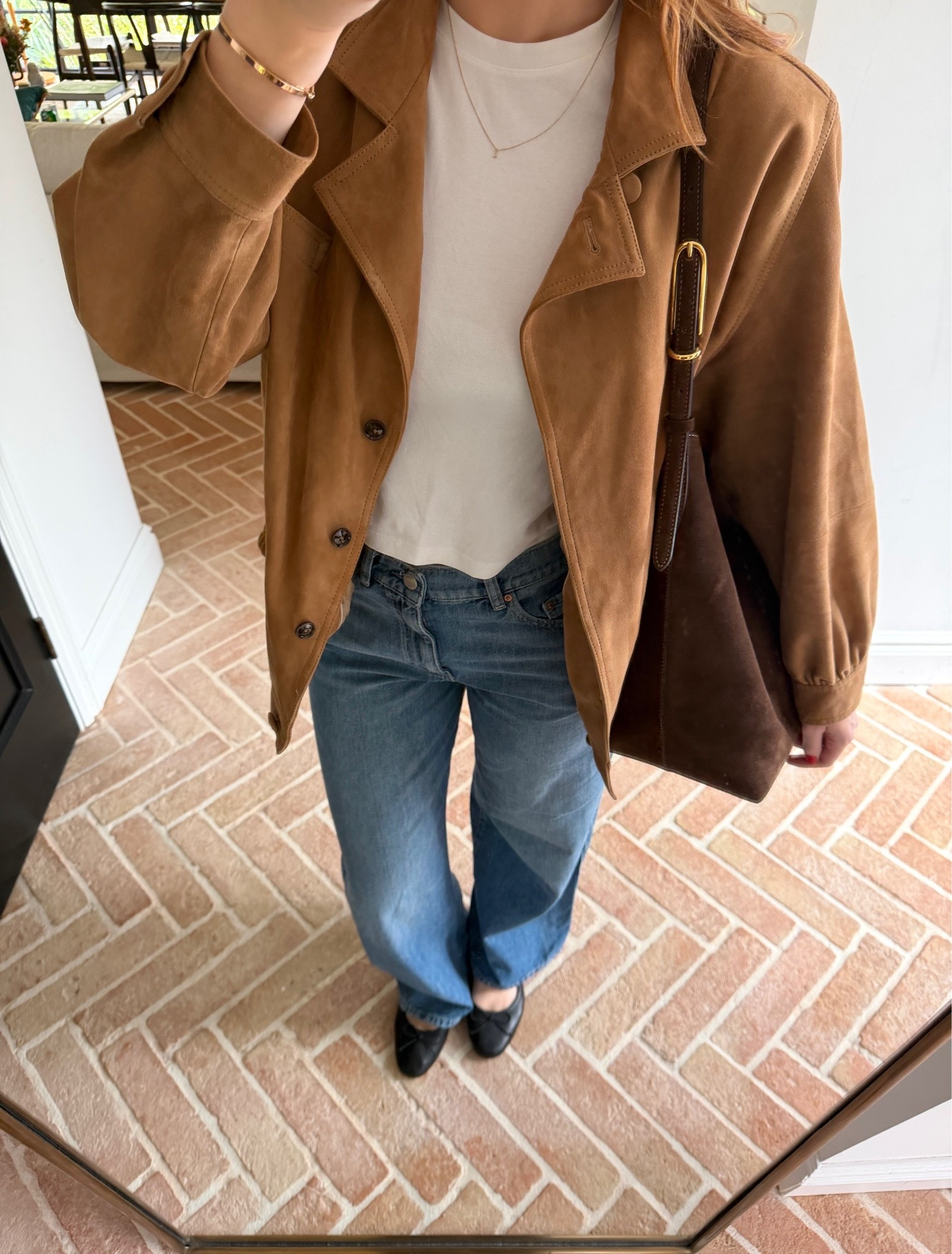 suede jacket / tan suede / wide leg jeans / white crop tee / chocolate tote / black ballet flats / mini sunglasses / mirror selfie / GRWM / going out outfit / spring outfit / effortless style / model off duty / cool girl aesthetic / Laura Harrier style / Pinterest outfit / quiet luxury / neutral tones / brown tones / mum’s wardrobe / stealing from mum

#LTKspring #LTKjeans #LTKeurope