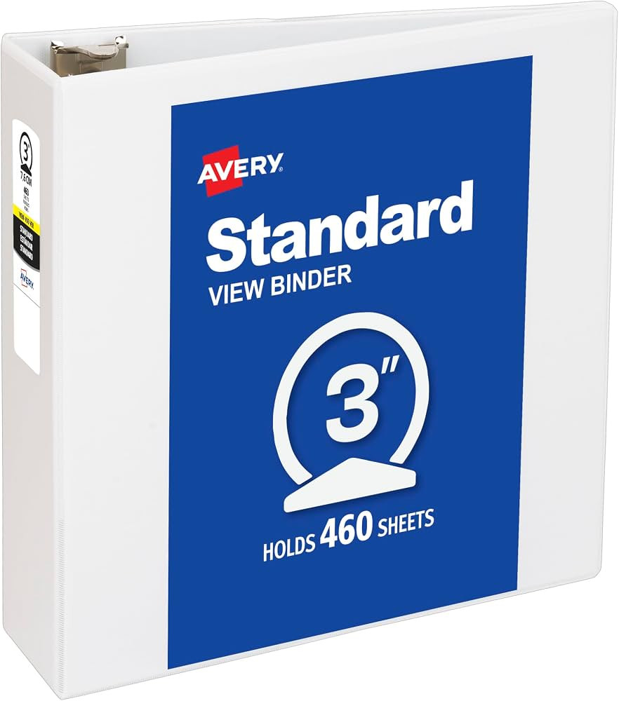 Avery Standard View 3 Ring Binder, 3" Round Rings, 460-Sheet Capacity, 3.5 Inch Wide Spine, 1 Whi... | Amazon (US)