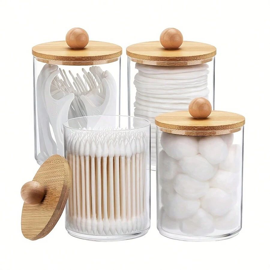 4pcs/6pcs Clear Swab Dispenser With Bamboo Lid, Transparent Plastic Storage Container For Swabs, ... | SHEIN