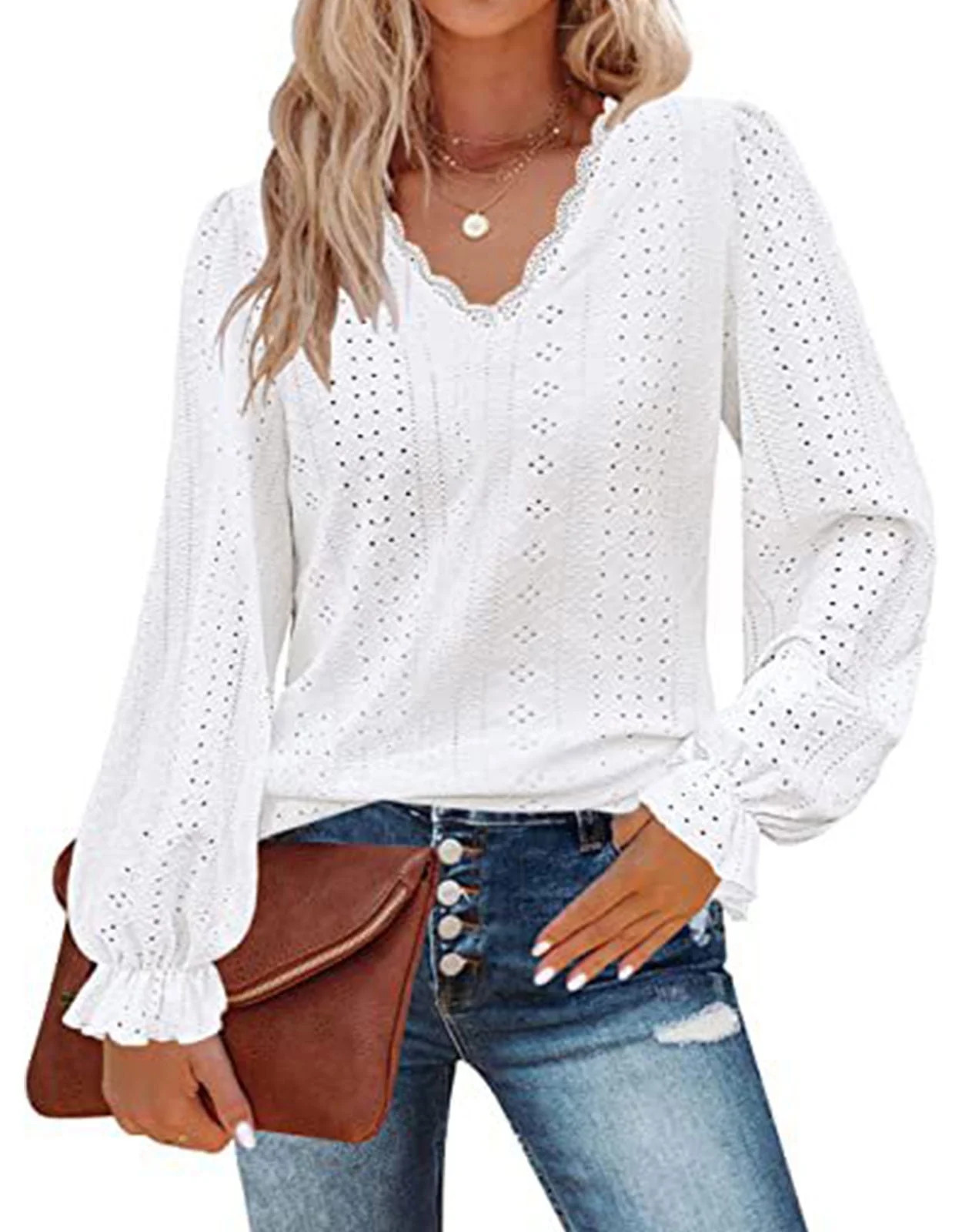 Womens Hollow Out Fall Tops V Neck Long Sleeve Blouses Ruffle Sleeve Tunic Lace Shirts For Women ... | Walmart (US)