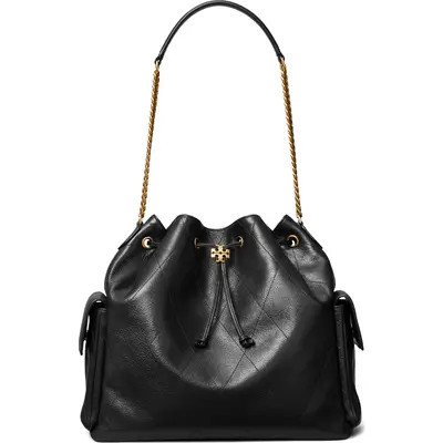 Tory Burch Large Charlie Quilted Leather Drawstring Shoulder Bag in Black at Nordstrom | Nordstrom