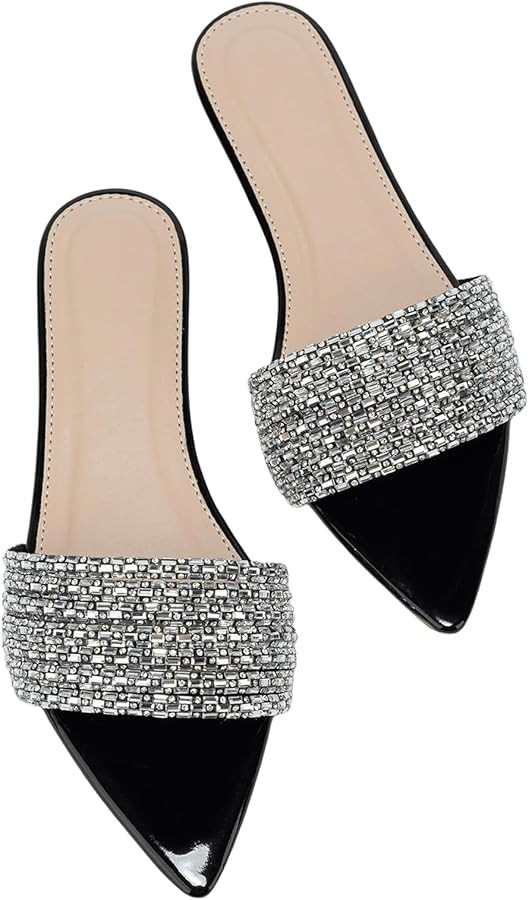 GORGLITTER Women's Rhinestone Sandals Sparkly Pointed Open Toe Dressy Summer Flat Sandals | Amazon (US)