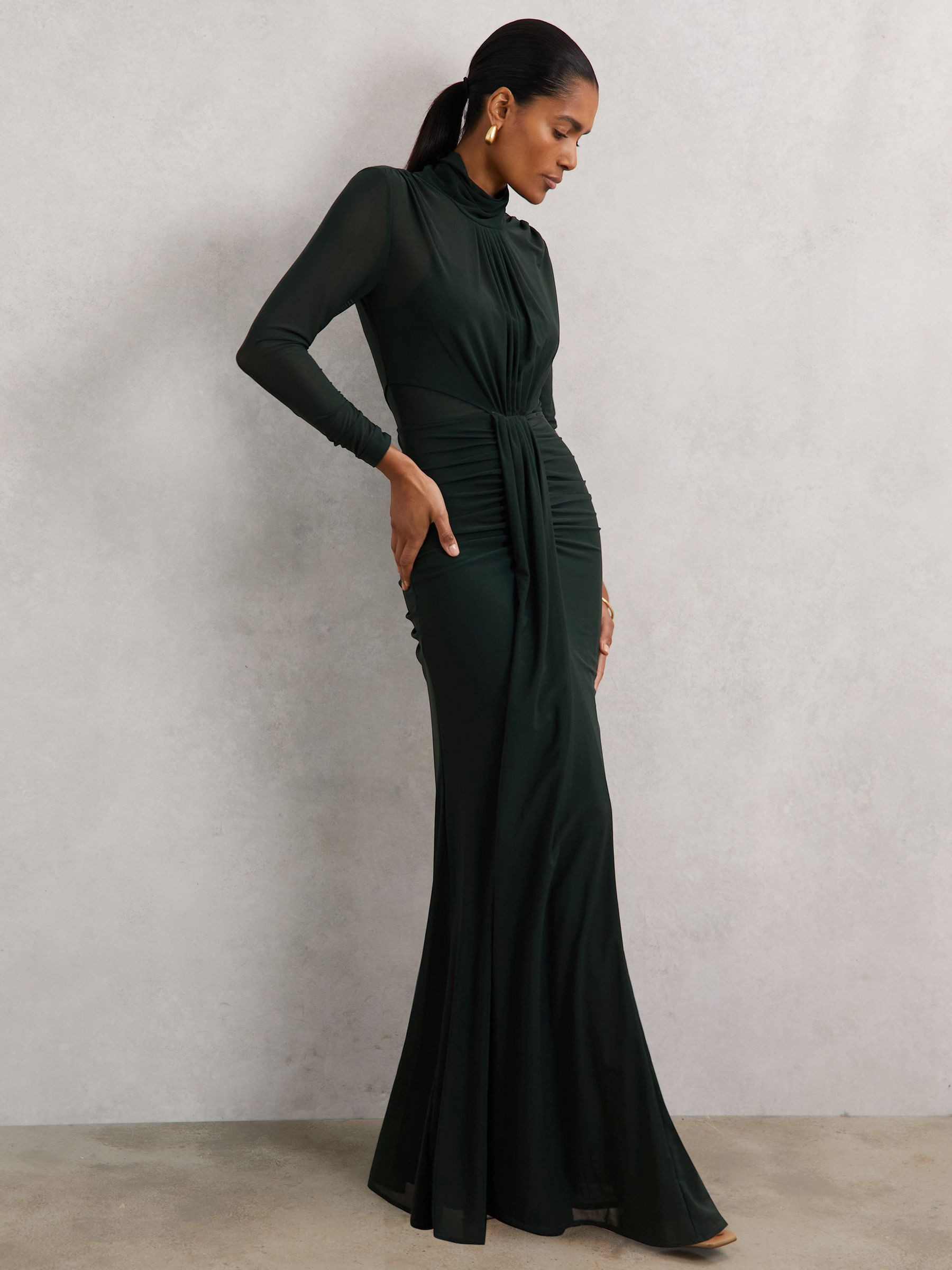 Ruched Long-Sleeve Maxi Dress in Dark Green | Reiss UK