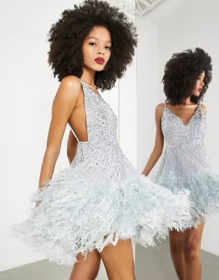 ASOS EDITION sequin cami mini dress with faux feather hem in ice blue | ASOS (Global)