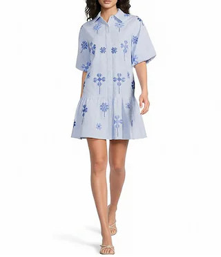 Dana Embroidered Tiered Button Up Short Puff Sleeve Button Front Shirt Dress | Dillard's