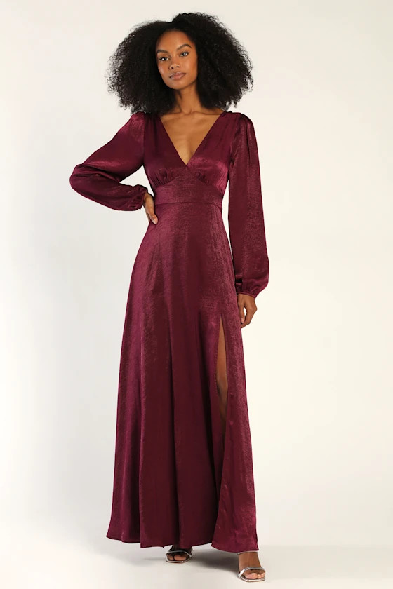 Perfectly Gorgeous Plum Purple Satin Long Sleeve Maxi Dress | Lulus (US)