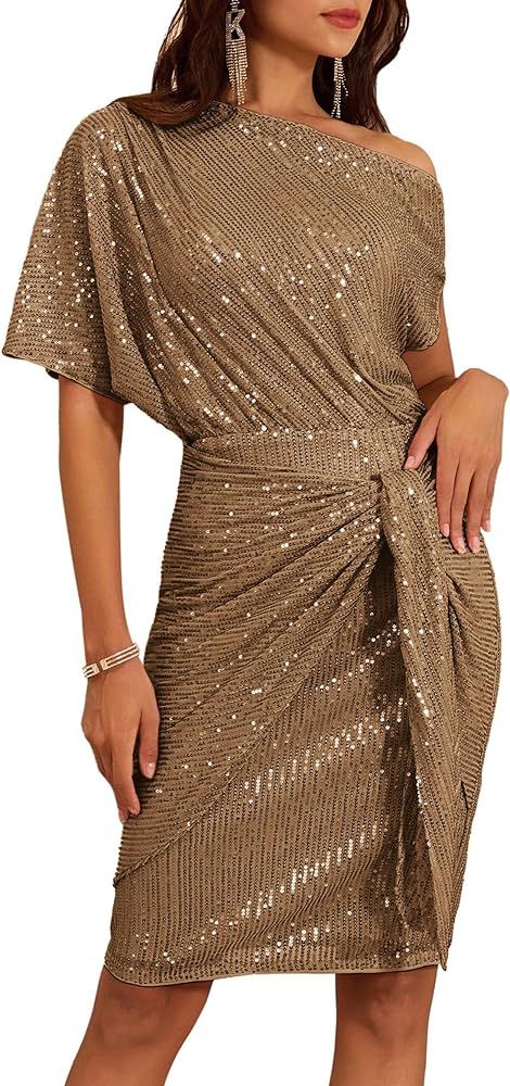 GRACE KARIN Women's Sequin Sparkly Glitter Party Club Dress One Shoulder Ruched Cocktail Bodycon Dre | Amazon (US)