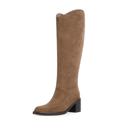 Modatope Knee High Boots for Women Pointed Toe Chunky Block Heel Tall Tan Suede Boots Side Zipper Suede Fall Riding Boot Size 7 | Amazon (US)