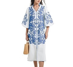 D-Sun Women Casual V-Neck Mid Dress Floral Embroidery 3/4 Sleeves Spring Summer Tunic Dress Loose... | Amazon (US)